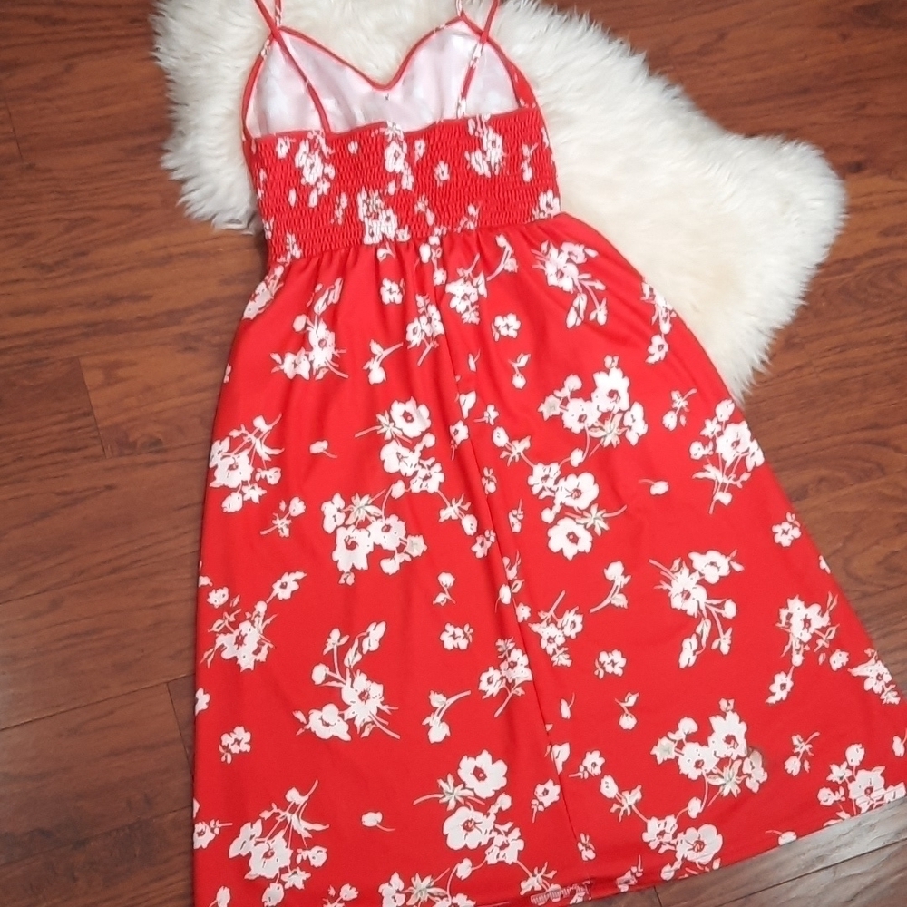Boutique Red Floral Button Front Summer Dress - Picture 2 of 6